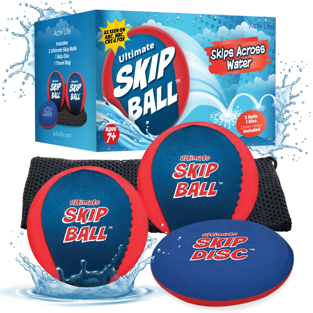 Activ Life The Ultimate Water Skip Ball (2 Pack), Water Bouncing Toys, Fun Games at Beach, Lake, Swimming Pool, Easter Basket Stuffer Gifts for All Ages Kids & Family, Red/Blue with Skip Disc